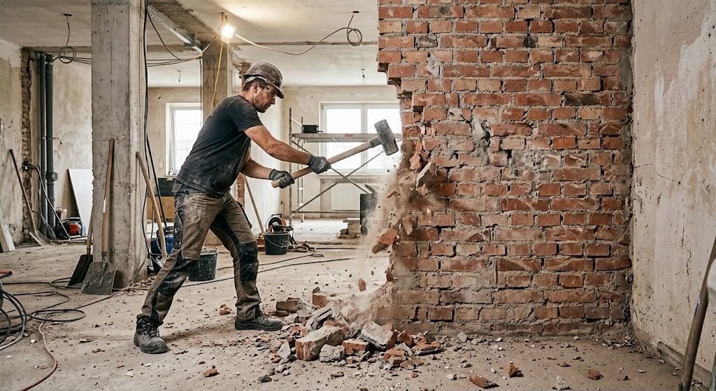 Abriss: Arbeiter mit Schutzhelm trägt eine Ziegelwand mit dem Vorschlaghammer ab